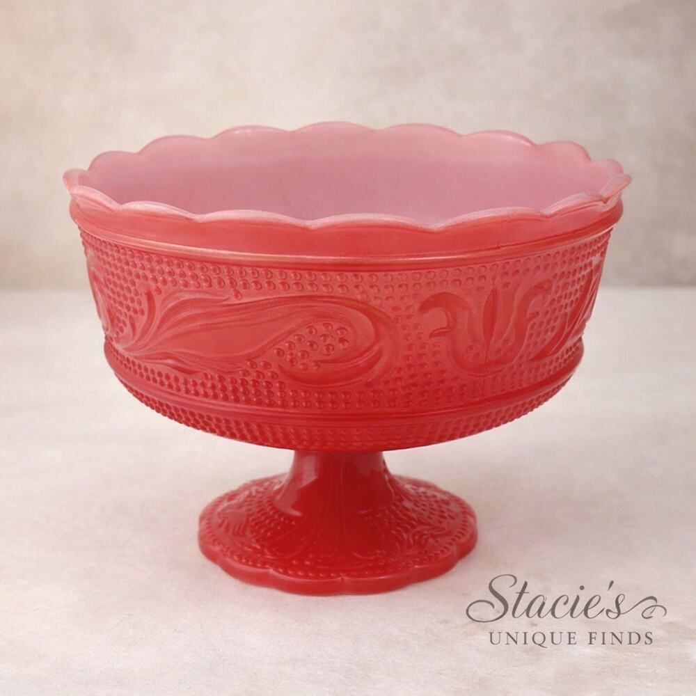 Vintage EO Brody Co Cleveland OH White And Red Milk Glass Compote Bowl EUC